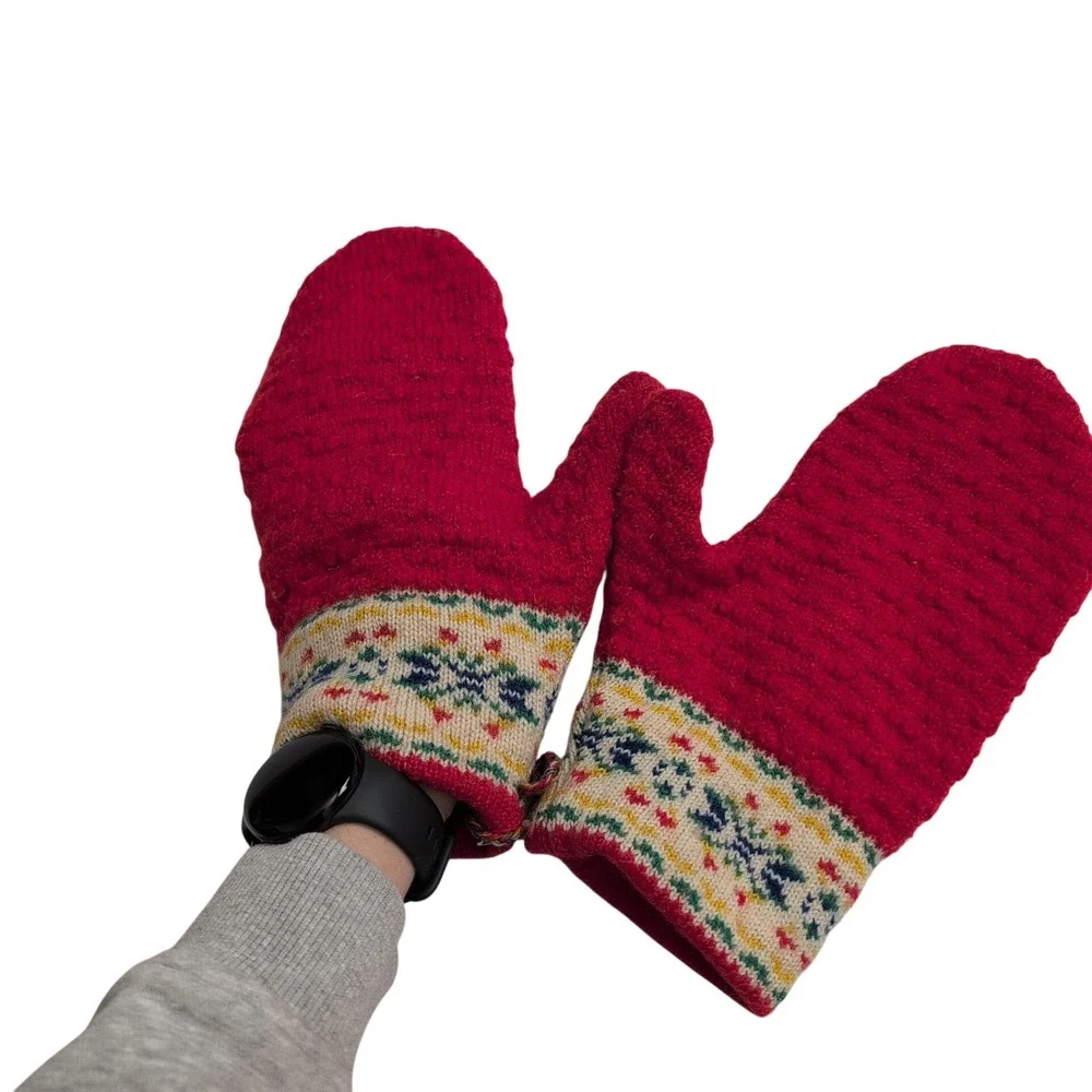 Handmade Red Wool Mittens‎ Fair Isle Patterned Cuff Nordic Winter Gloves Norway